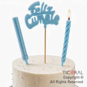 ADORNO DE TORTA SET FELIZ CUMPLE CON BENGALA Y VELA 9 CM GIBRE CELESTE x 1